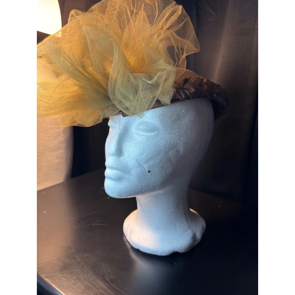 Vintage Bronze Pillbox Hat with Braided Trim and Gold Tulle Netting Fascinator